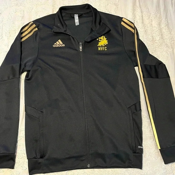 Men's Adidas Black & Gold Strip Full-Zip Jacket - Picture 1 of 2